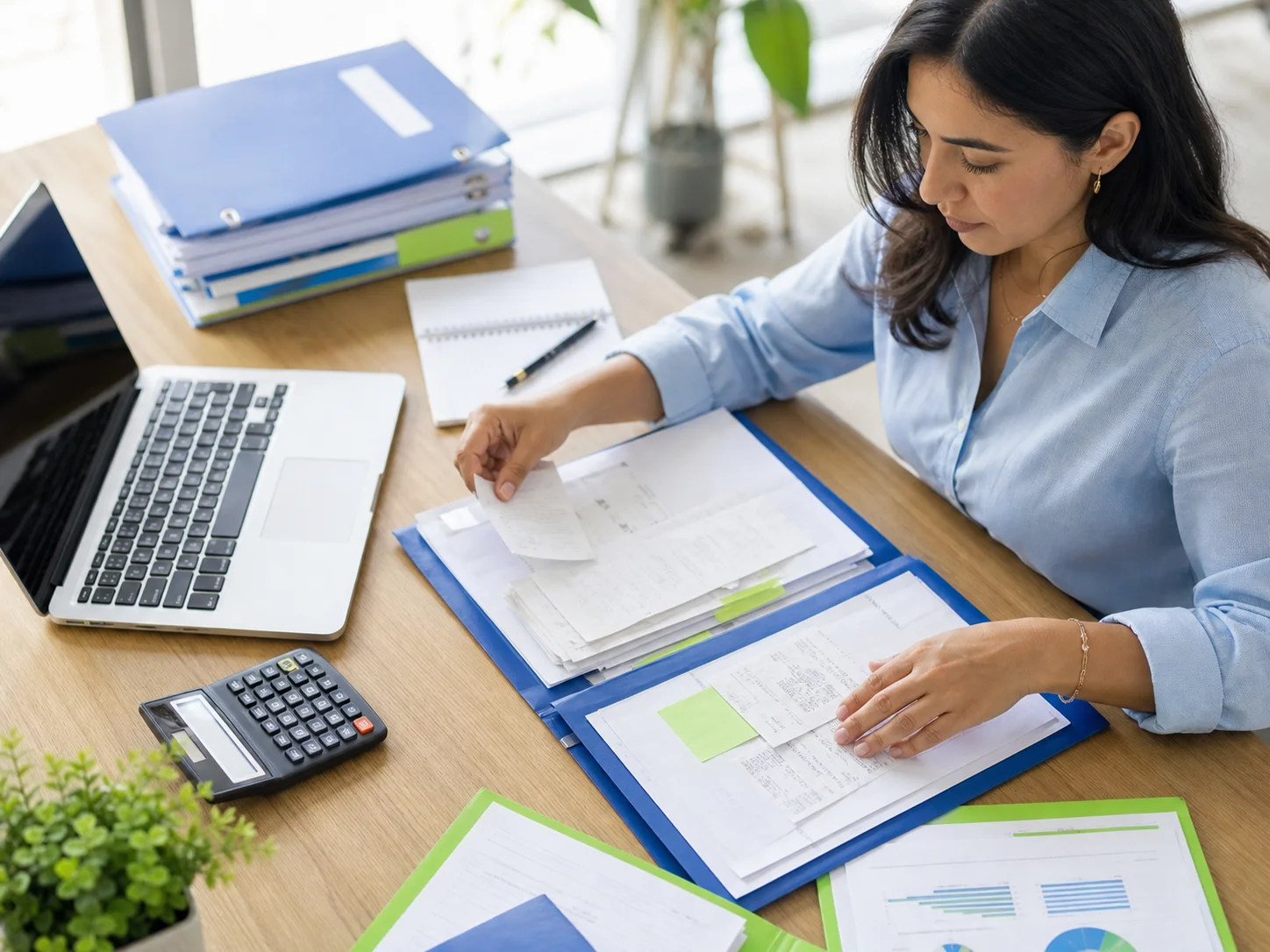 Administradora organizando facturas, compras y comprobantes