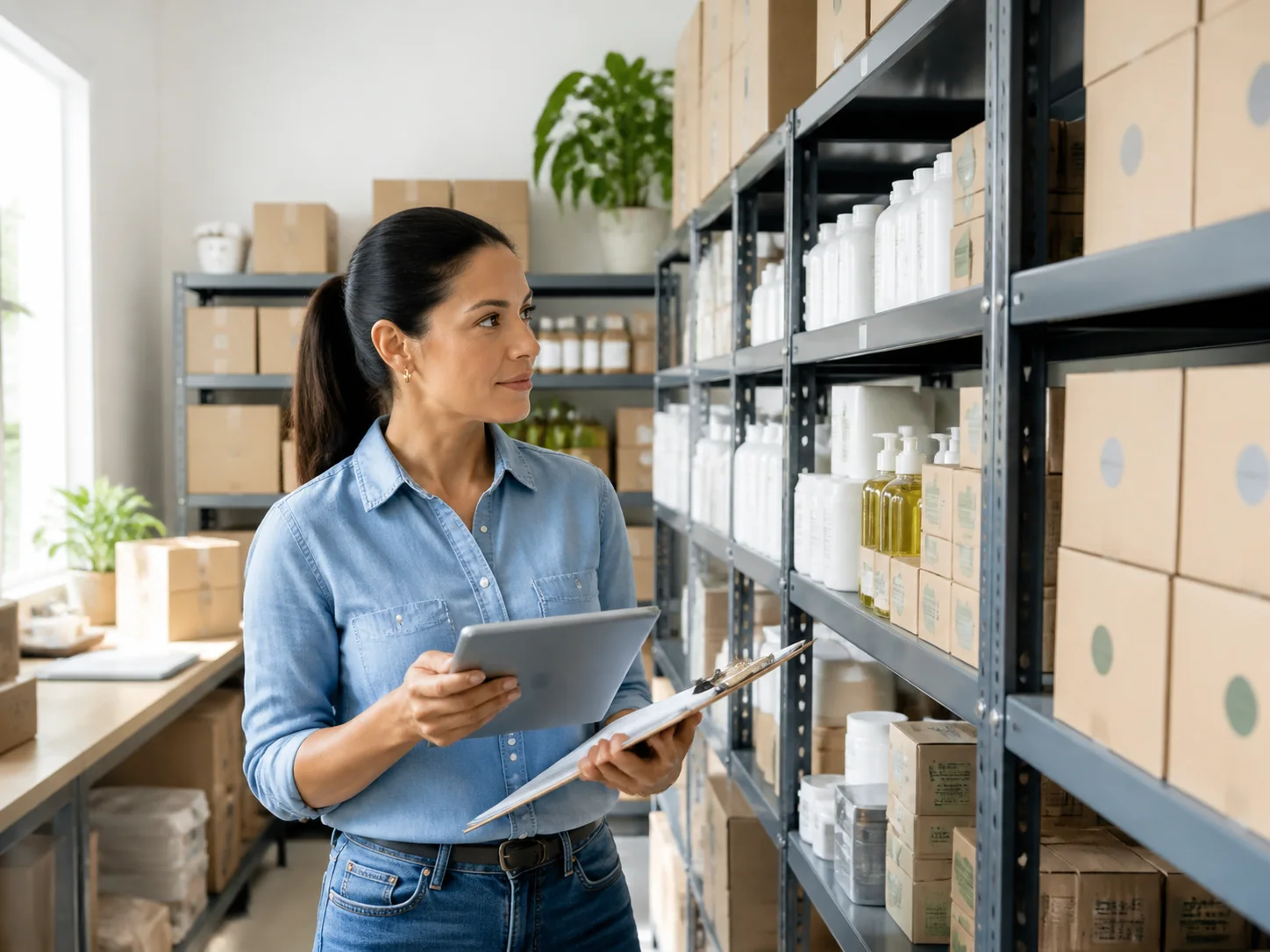 Empresaria verificando inventario organizado con una tableta